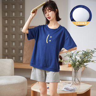 睡衣夏季女款纯棉带胸垫短袖短裤娇小矮个子夏天薄款文艺范家居服