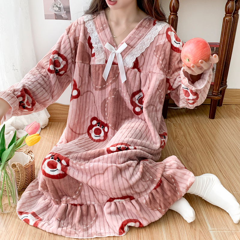 珊瑚绒睡裙女秋冬款加绒加厚长袖法兰绒孕妇特大码睡衣裙200斤5XL