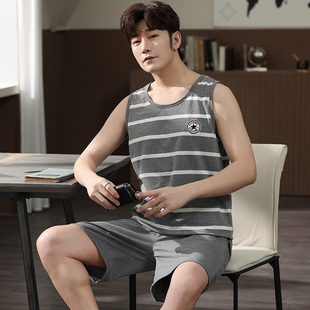 莫代尔睡衣男夏季冰丝背心短裤男士家居服夏天薄款大码200斤套装