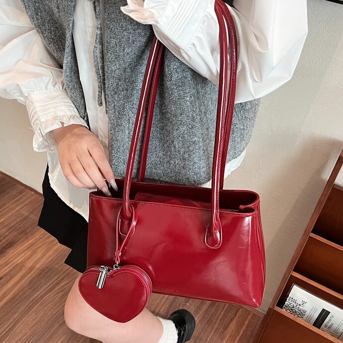 韩版复古油蜡皮红色托特包包女2026新款潮小众质感时尚婚宴单肩包