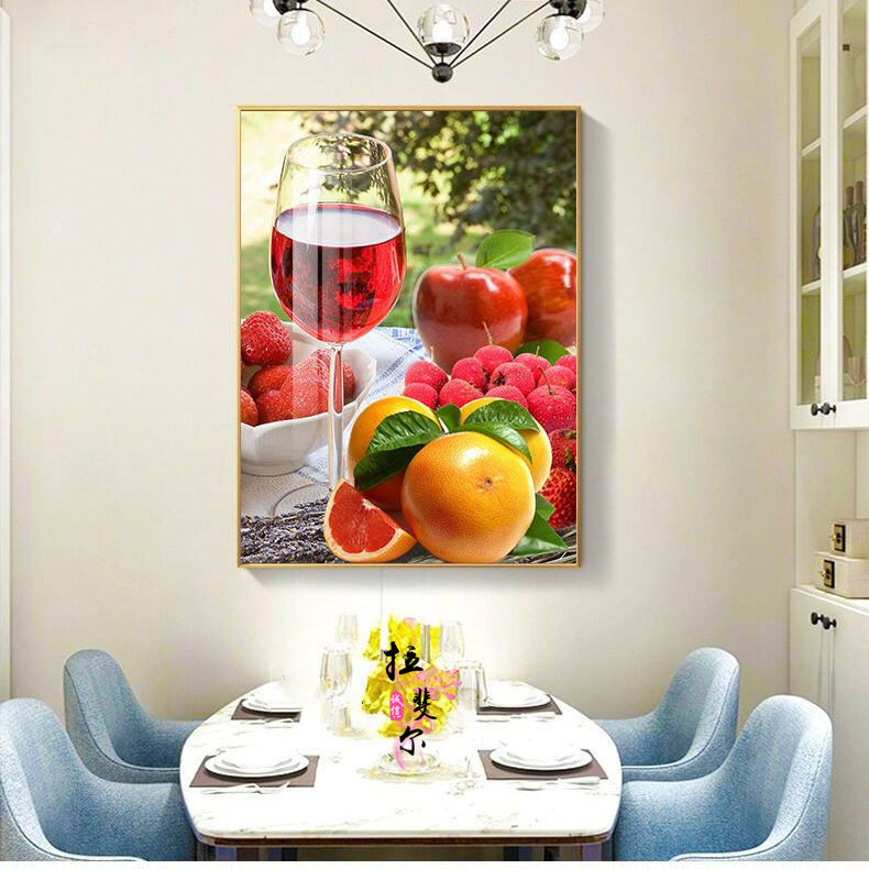 竖版餐厅装饰画现代简约高档墙壁挂画水果酒杯有框画晶瓷镶钻单幅