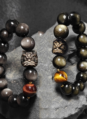 心懿黑曜石民族风天然银曜手链