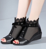 女镂空洞洞网纱透气凉靴中跟防滑软底妈妈鞋 坡跟鱼嘴凉鞋 新款 夏季