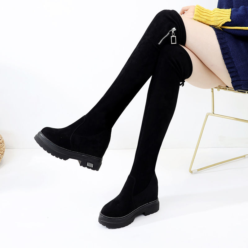 增高9CM内增高厚底弹力布长筒靴 后绑带一脚蹬高筒靴过膝绒面长靴