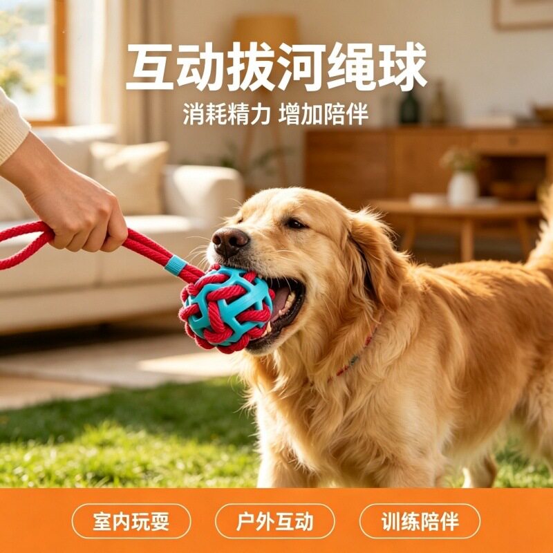 多彩涤纶绳 宠物玩具牙耐咬绳子玩具球解闷益智狗狗漏食互动玩具