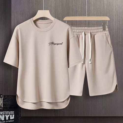 华夫格休闲套装大码冰丝短袖T恤青少年夏季学生宽松百搭运动短裤
