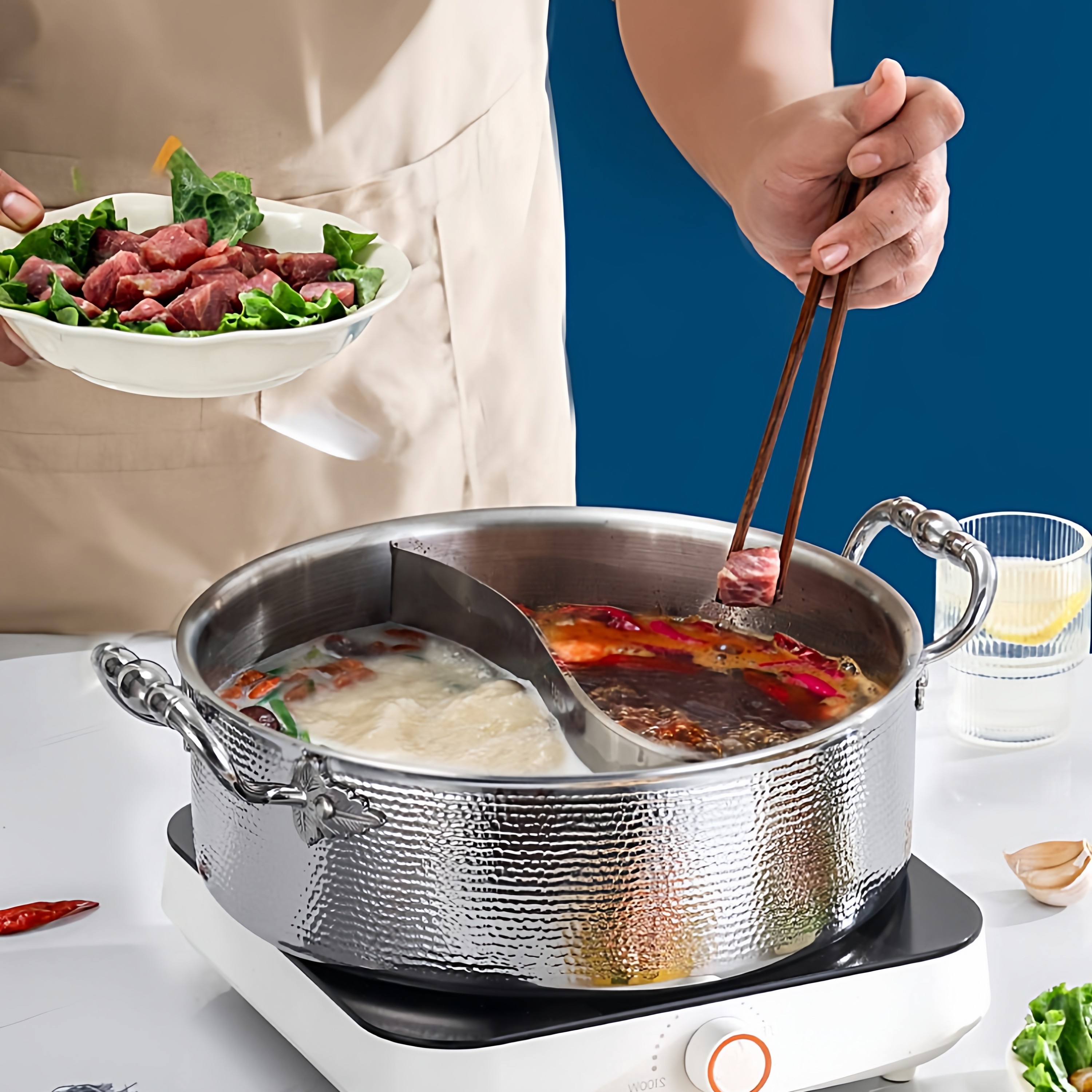 三层钢304不锈钢食品级锤纹火锅清汤鸳鸯电磁炉燃气通用家用商用