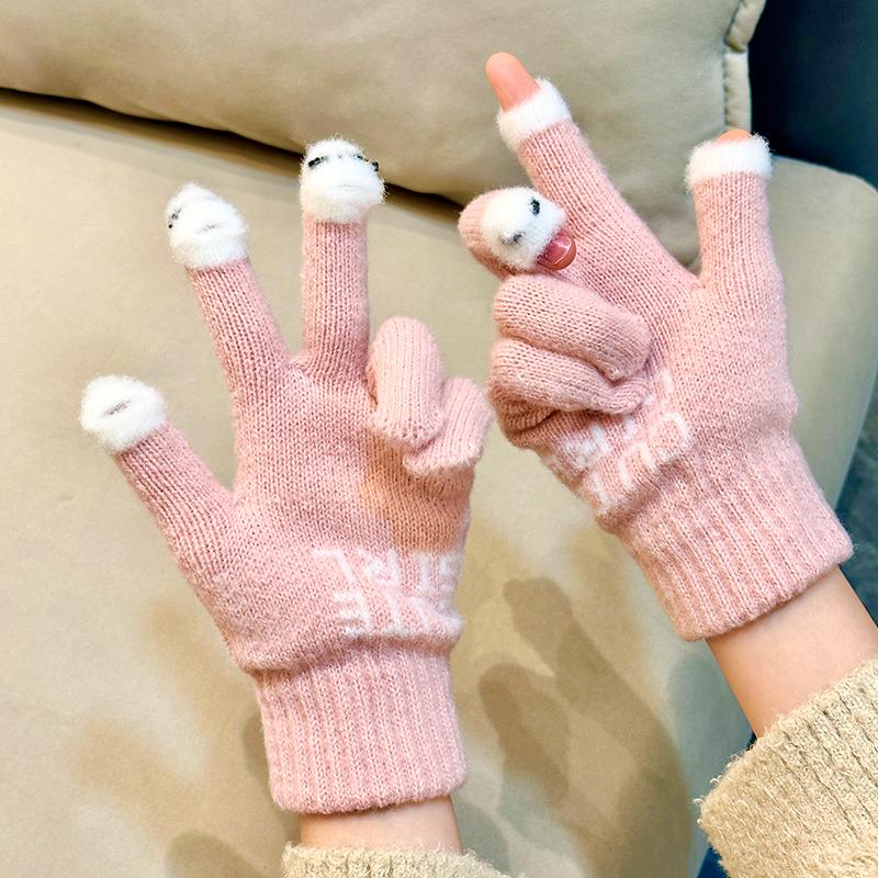 可爱糖豆露指触屏毛绒五指手套女士冬季保暖加绒加厚骑行骑车学生