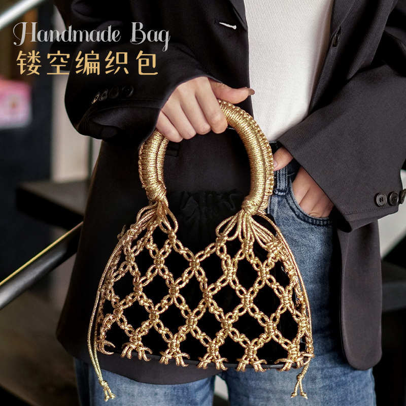闲惠居家金缕毛线手工编织包包diy材料包纯色镂空手腕包手提包女