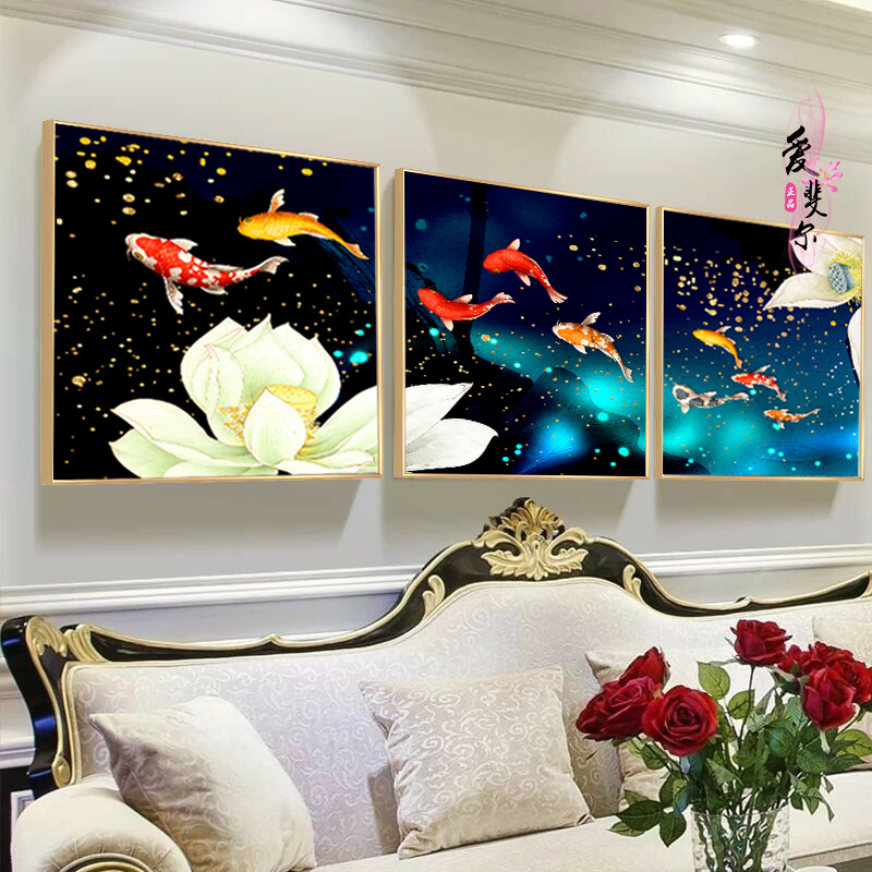 客厅装饰画九鱼晶瓷画金属有框画沙发背景墙壁画欧式三联房间挂画图片