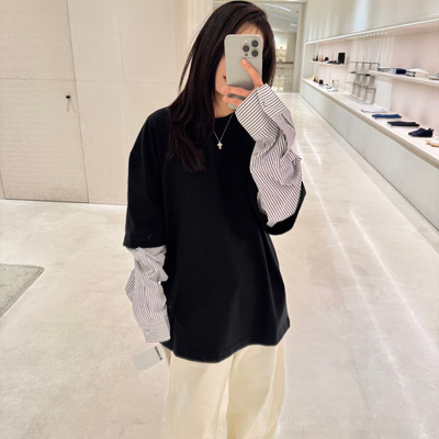 燃燃春上新小众设计简约风拼接衬衫袖假两件情侣款长袖T恤J15310