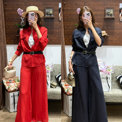 燃燃26春夏高智老钱风高支亚麻款式衬衫+阔腿遮肉西裤套装40859