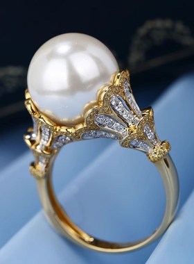 蕾丝花边镶钻珍珠戒指