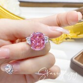 粉钻冰花切肥长方戒指佳士得2个亿同款 人造女粉白高碳钻女戒