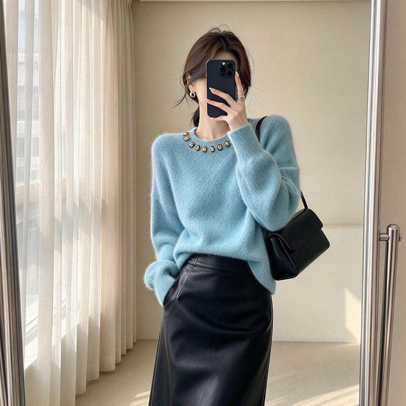 重工亮钻貂绒毛衣女2026秋冬新款韩版宽松圆领毛毛白色针织衫上衣