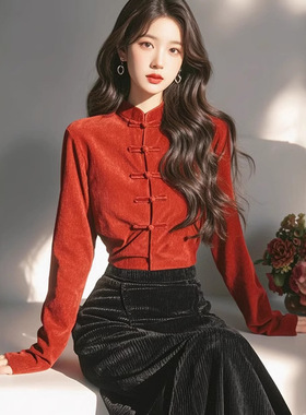 新中式红色立领盘扣灯芯绒衬衫国风复古高级感减龄气质本命年