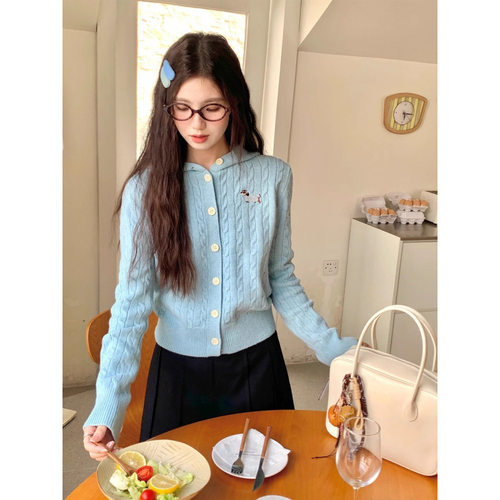 cozydays两色小狗刺绣连帽针织衫女2025秋冬新款百搭休闲