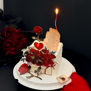 2.14七夕情人节玫瑰花信封蛋糕装饰情侣表白发光爱心蜡烛甜品插件