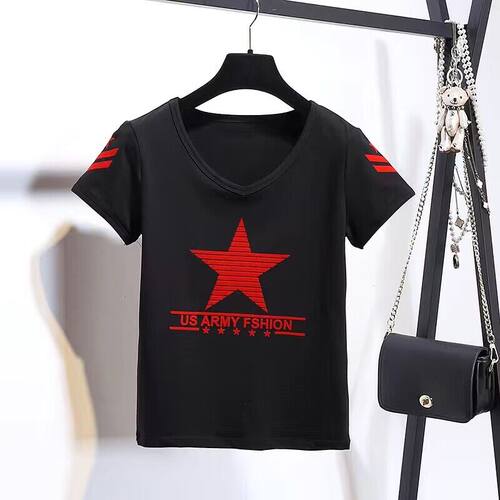 纯棉短袖黑色五角星广场舞服装水兵舞套装植绒V领上衣夏装T恤女