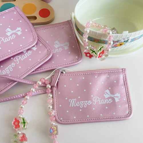 日单 少女粉色波点卡套蝴蝶结夏日粉卡包证件包交通卡包