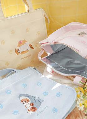 日系mofusand鲨鱼猫 马卡龙色帆布刺绣手提保温包 学生上班便当包