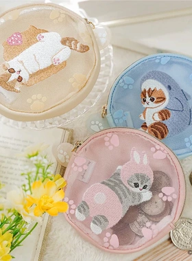 日系mofusand猫咪网纱刺绣植绒圆饼包硬币包小物收纳包零钱包