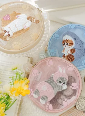 日系mofusand猫咪网纱刺绣植绒圆饼包硬币包小物收纳包零钱包