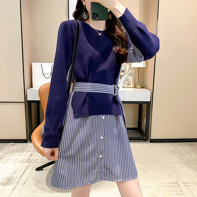 秋款女装 2025年潮流时尚百搭平拼接针织连衣裙女搭配腰带衬衫裙