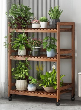 花架室内阳台家用落地多层置物架带轮可移动木质防腐花盆多肉绿植