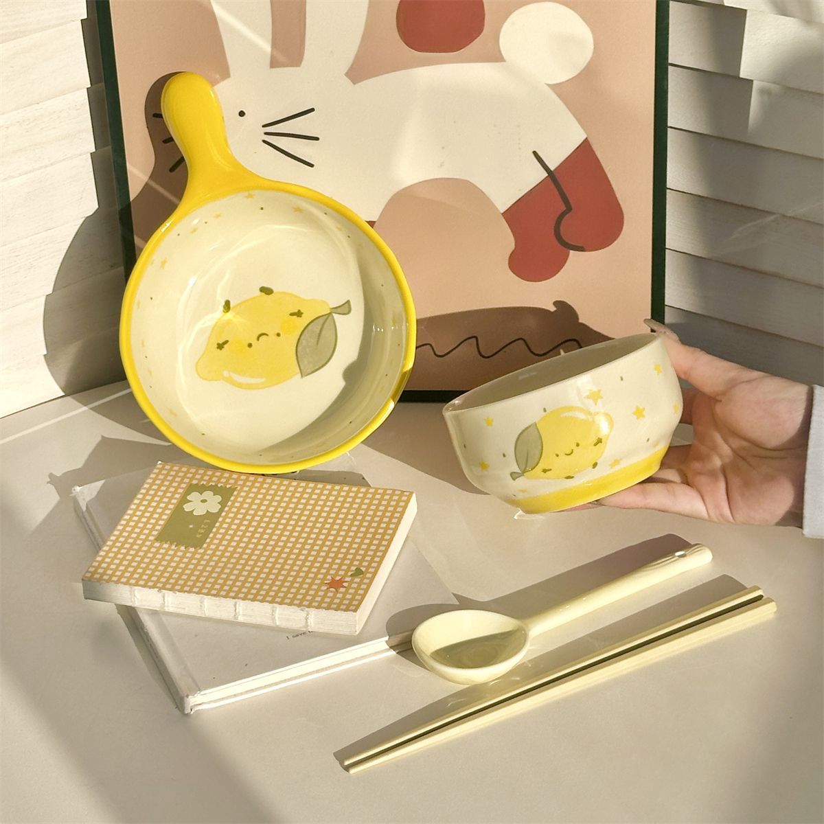 可爱卡通柠檬手柄碗陶瓷一人食餐具套装学生宿舍儿童手把饭碗网红