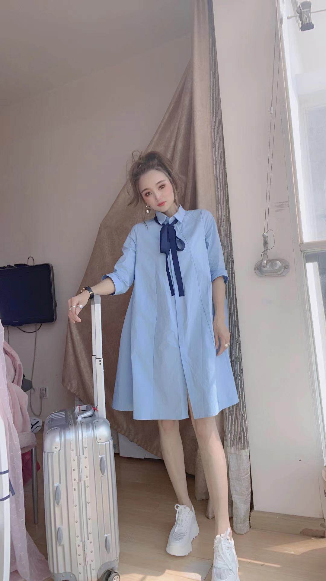 衬衫裙女2021年春夏新款法式小清新气质中长款五分袖蝴蝶结连衣裙
