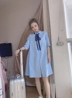 衬衫裙女2021年春夏新款法式小清新气质中长款五分袖蝴蝶结连衣裙
