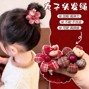 女童秋冬红色格纹花朵植绒发圈