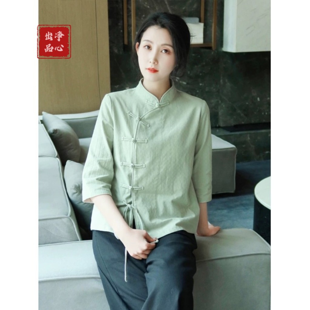 新中式棉麻衬衫女夏季国风盘扣立领上衣宽松禅意茶服遮肚显瘦透气
