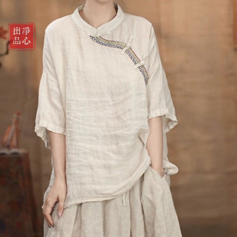 2026新款高端纯亚麻薄上衣女夏季透气新中式原创复古斜襟盘扣衬衫
