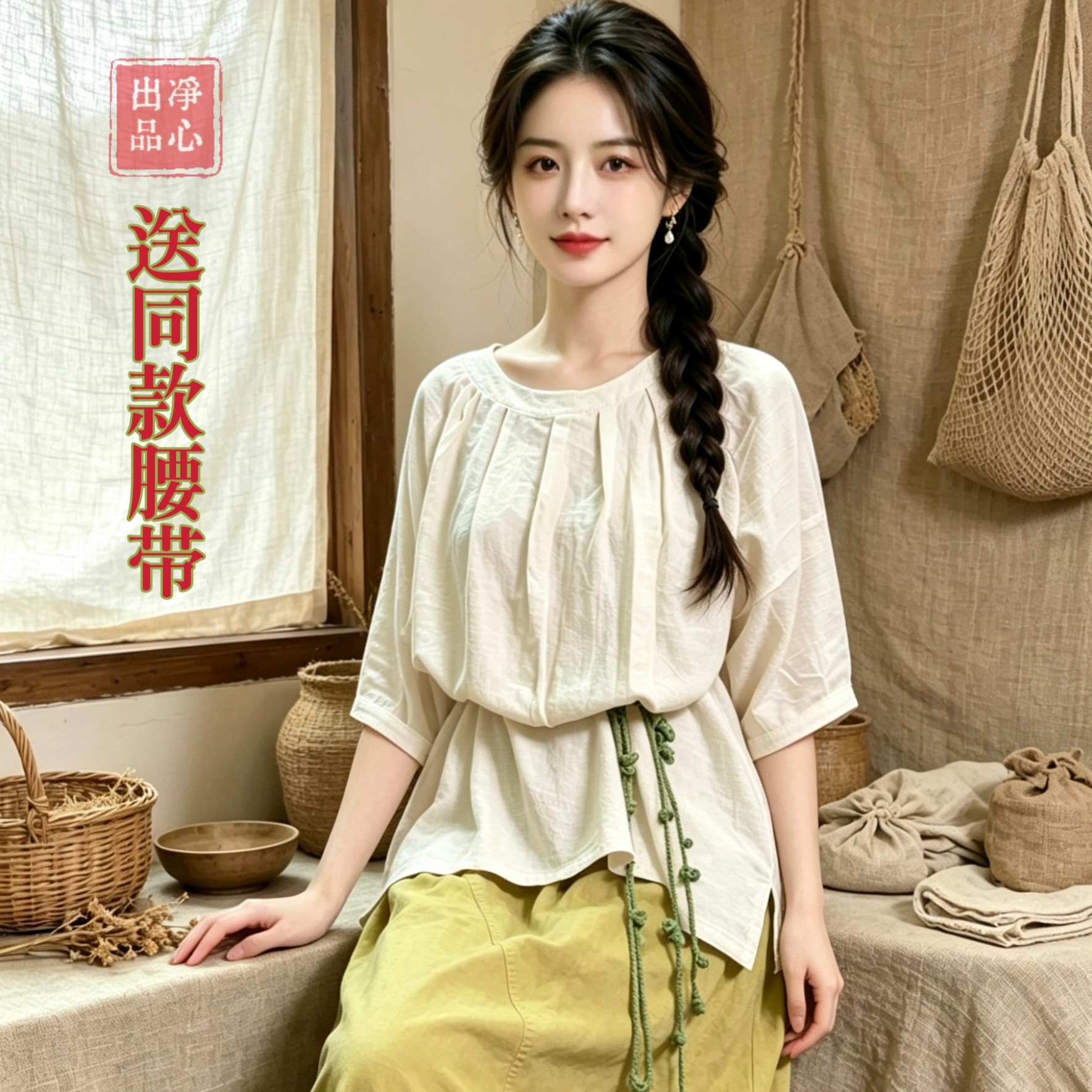 新中式棉麻薄款上衣女大码夏季禅意风宽松中长款显瘦透气中袖茶服