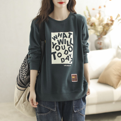 纯棉长袖圆领卫衣女士2025春季新款宽松时尚休闲字母印花打底上衣