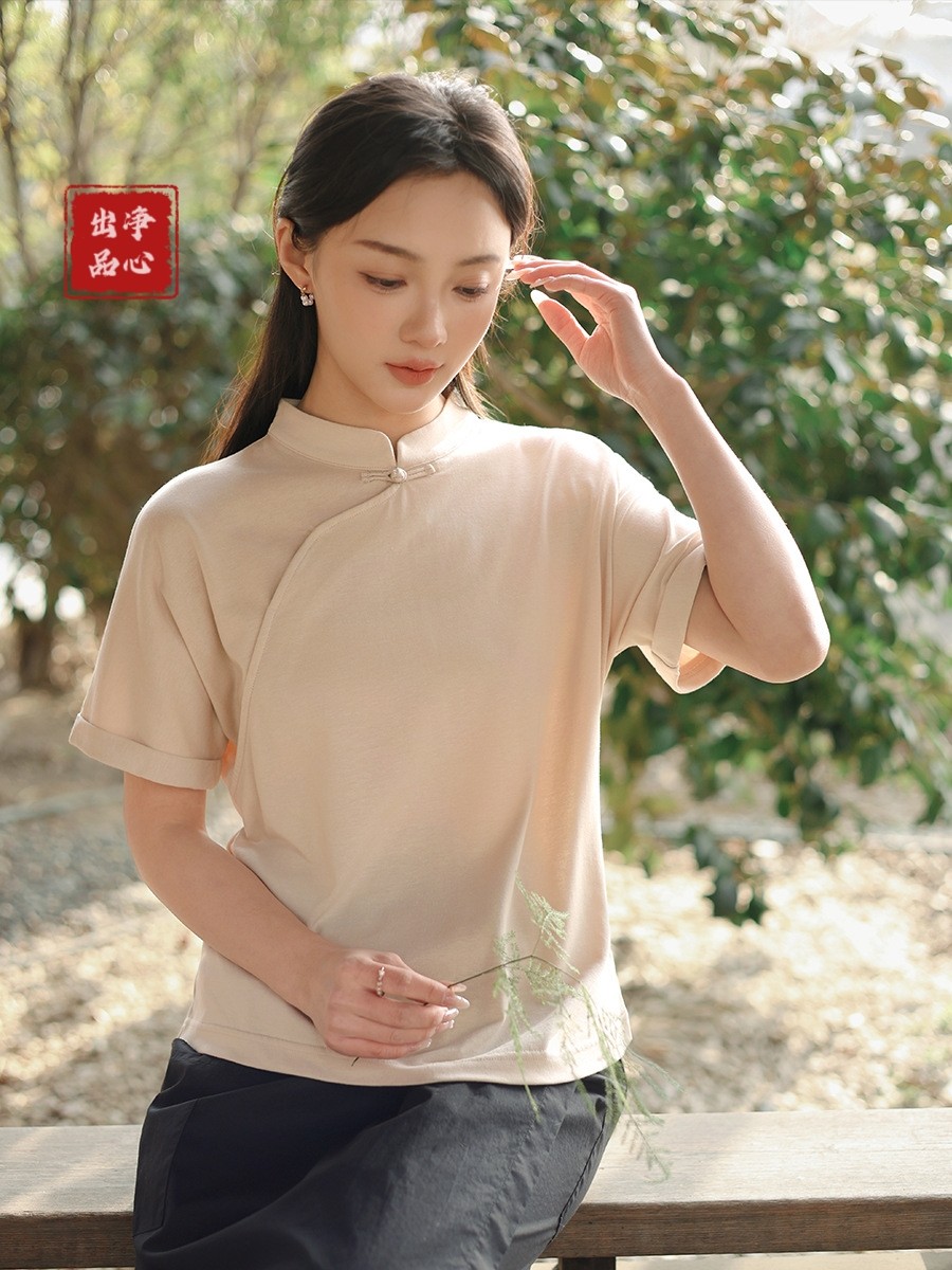 新中式棉麻短袖上衣女夏复古斜襟盘扣衬衫宽松显瘦高端中国风茶服