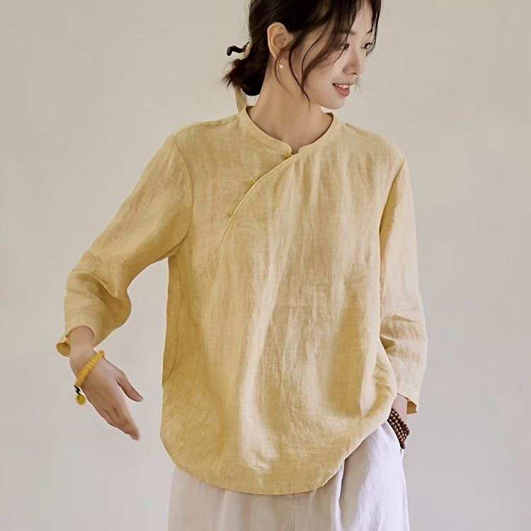 新中式改良汉服斜襟T恤衬衫上衣女宽松休闲遮肚黄色棉麻套头小衫