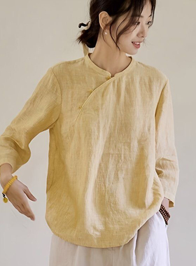 新中式改良汉服斜襟T恤衬衫上衣女宽松休闲遮肚黄色棉麻套头小衫