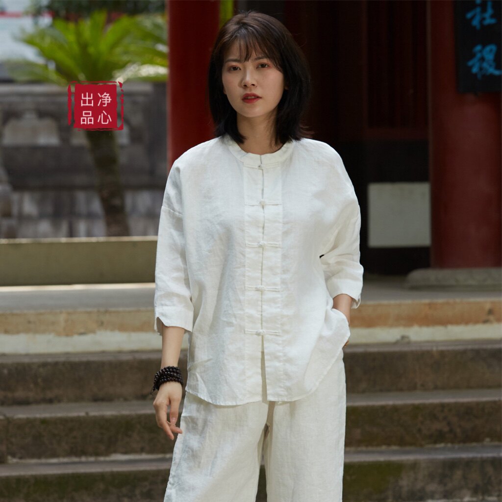 原创纯亚麻中式唐装太极服上衣女中国风立领盘扣对襟开衫薄款外套