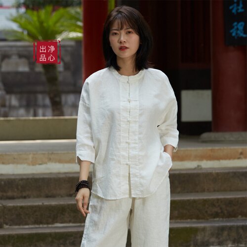 原创纯亚麻中式唐装太极服上衣女中国风立领盘扣对襟开衫薄款外套