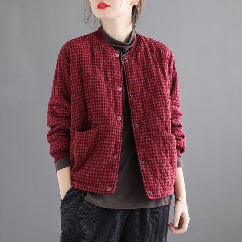 棉袄女秋冬复古宽松格子短款棉衣休闲显瘦棒球服外套夹棉保暖棉服