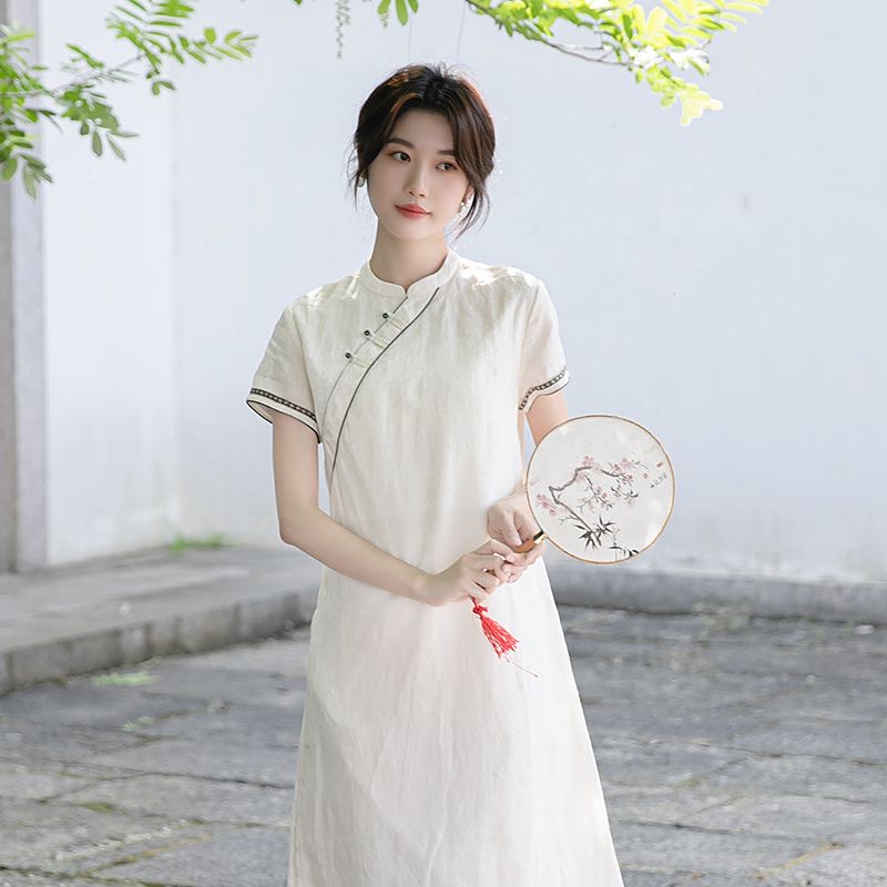 复古改良旗袍女装日常禅意茶艺师服装夏季新款棉麻国风立领连衣裙