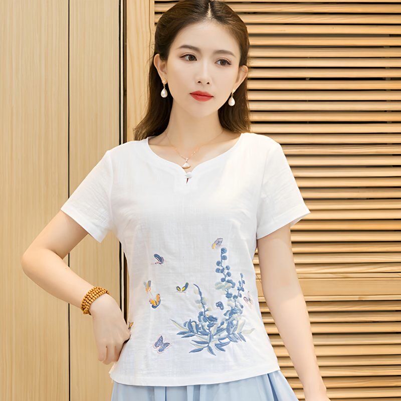 中国风刺绣棉麻T恤女短袖夏复古显瘦白色v领上衣大码遮肉妈妈小衫
