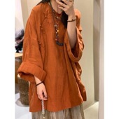 新中式 上衣女扎染印花半身裙国风禅意穿搭 桔色清冷感盘扣宽松衬衫