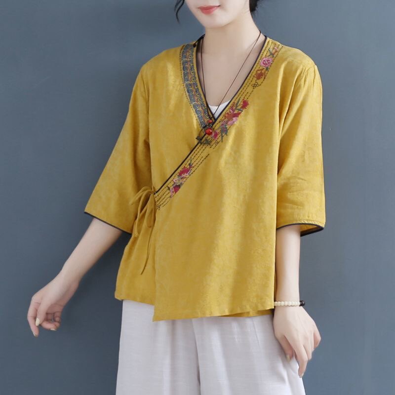 夏季清仓新中式开衫外套女棉麻刺绣系带茶服上衣宽松交领复古小衫