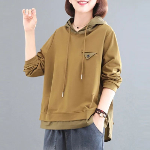 纯棉长袖卫衣女士2026秋季新款韩版宽松大码拼接气质连帽套头上衣