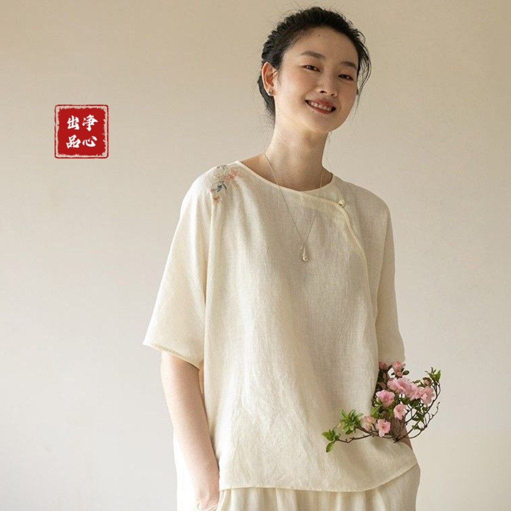 2026夏季新中式手工刺绣棉麻短袖上衣女宽松透气禅意风复古圆领衫