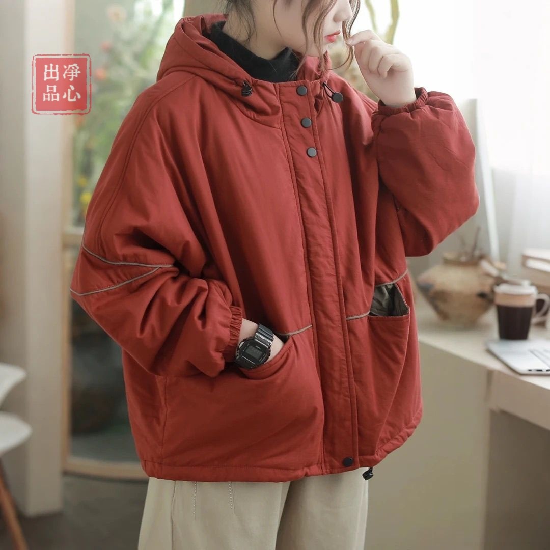 大码工装棉服女士外套秋冬宽松显瘦连帽面包服复古大口袋加厚棉衣